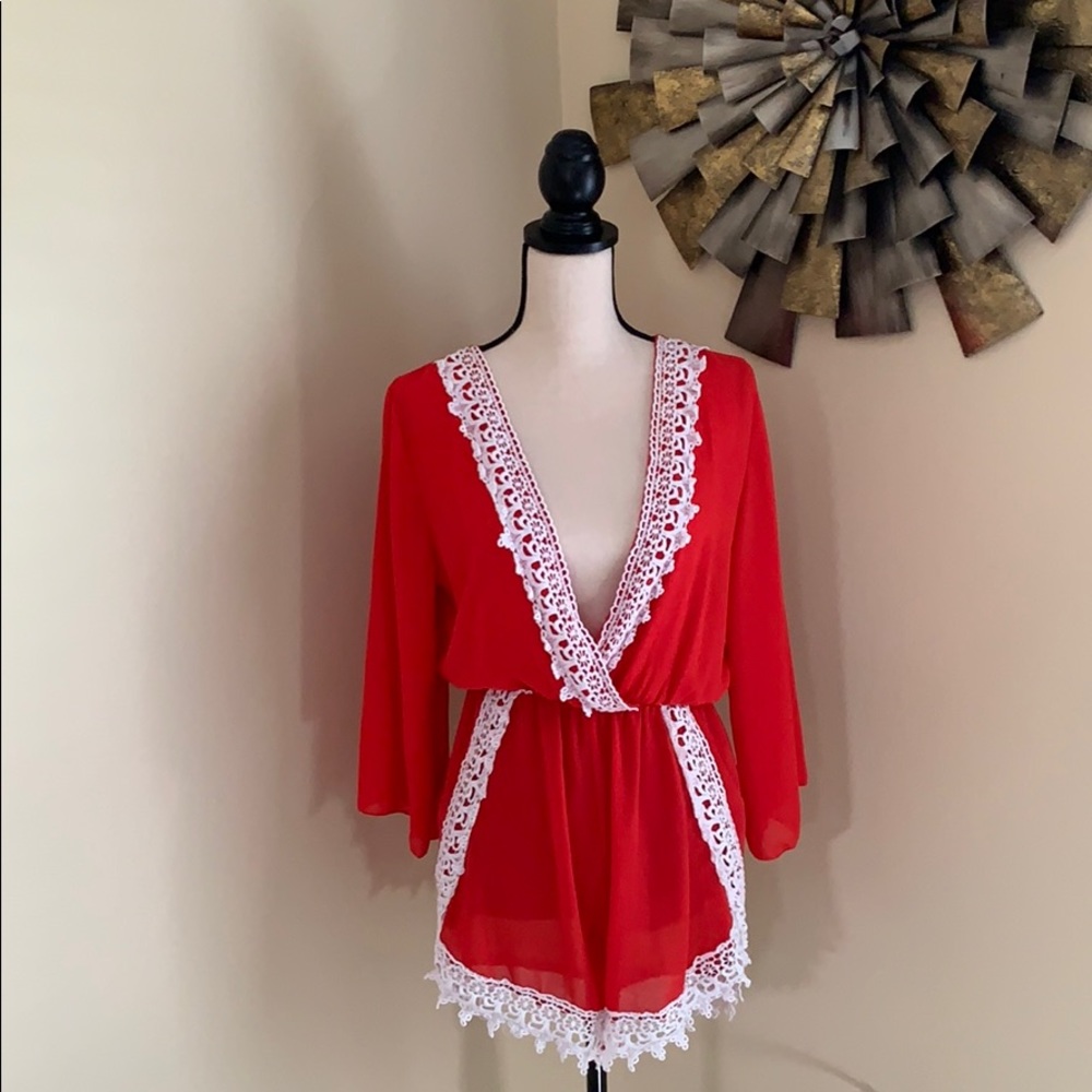 Red and white plunge neck short Romper